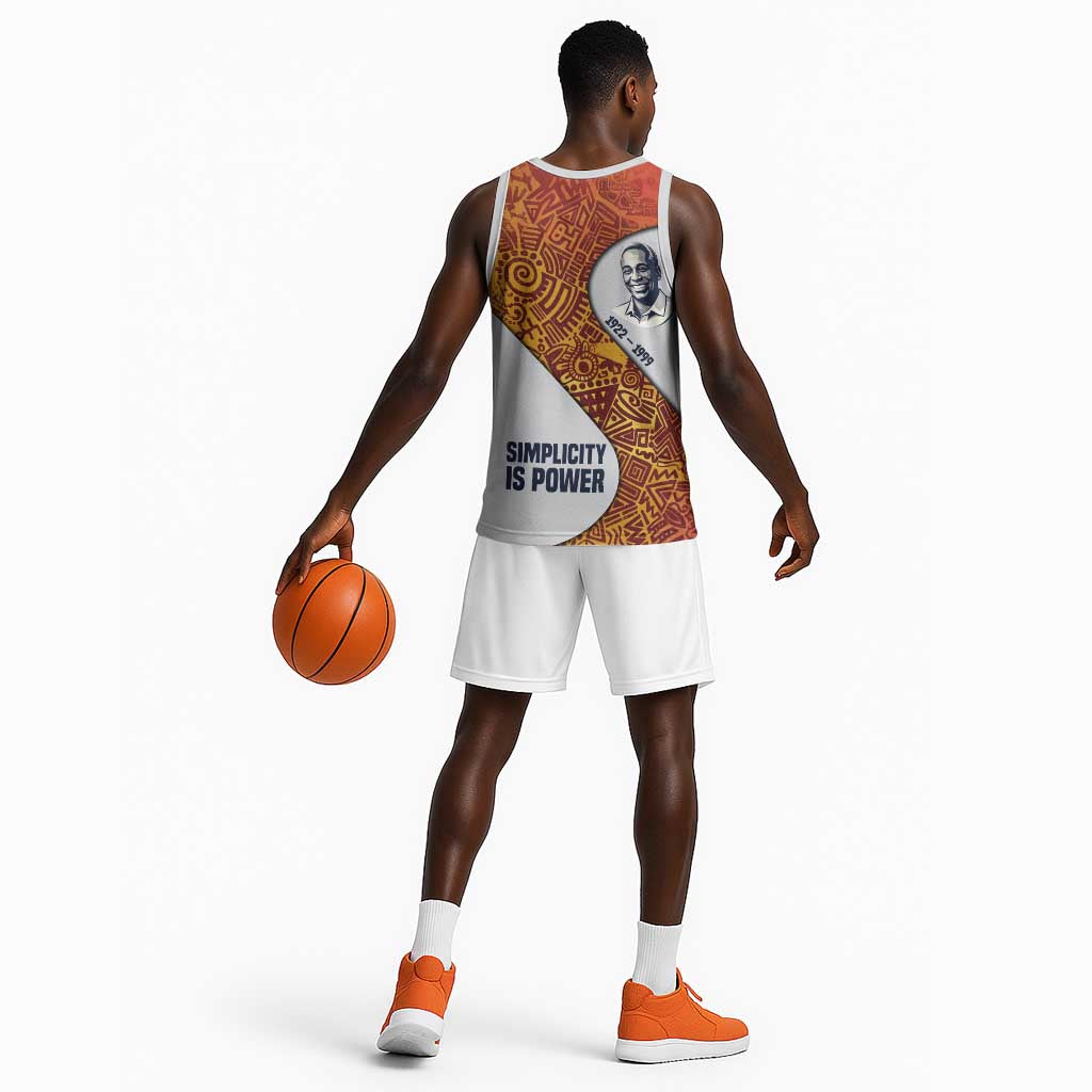 Julius Nyerere Basketball Jersey with Smiling Portrait, Tribal Pattern and Simplicity is Power Quote - Wonder Print Shop