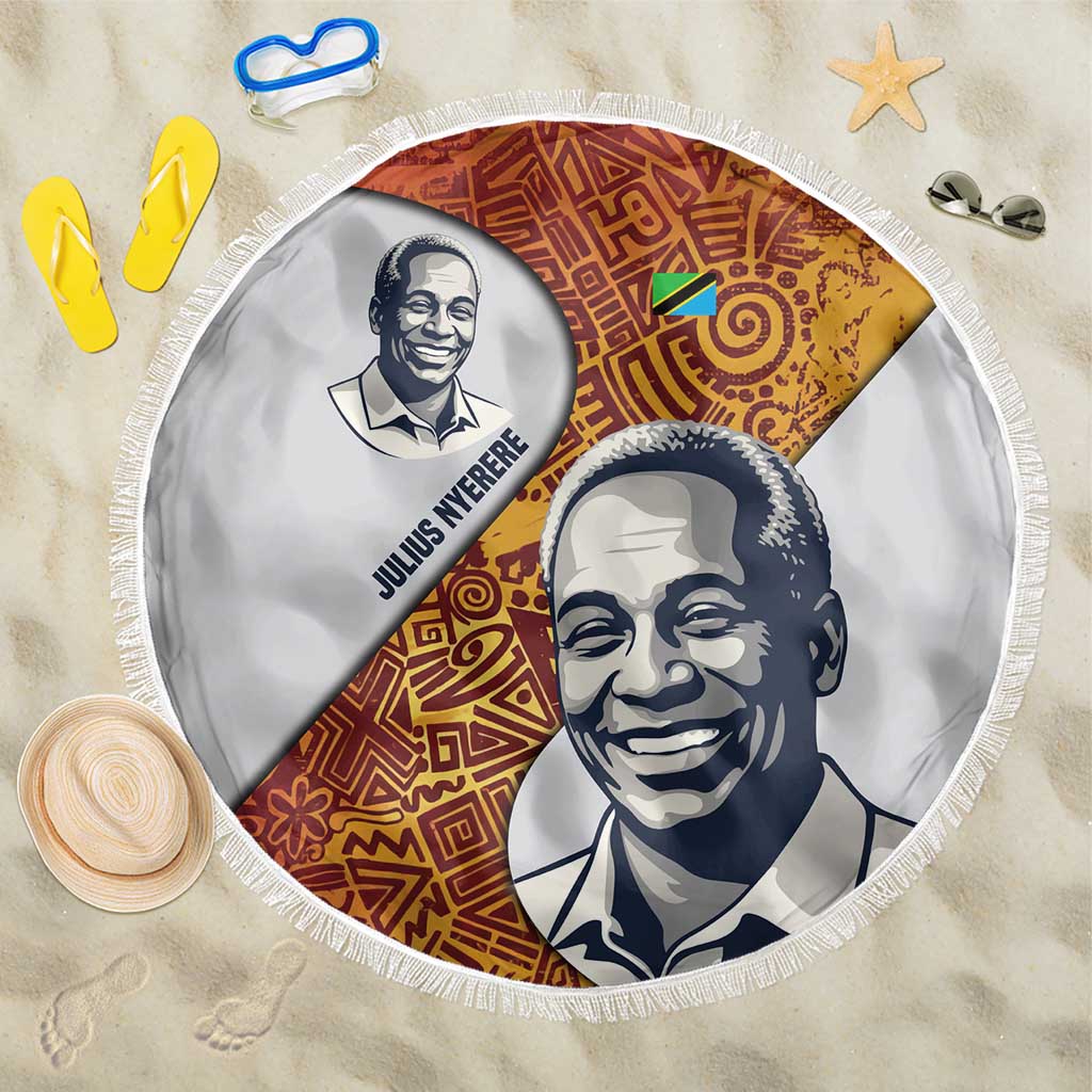 Julius Nyerere Beach Blanket with Smiling Portrait, Tribal Pattern and Simplicity is Power Quote - Wonder Print Shop