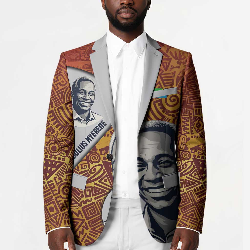 Julius Nyerere Blazer with Smiling Portrait, Tribal Pattern and Simplicity is Power Quote - Wonder Print Shop