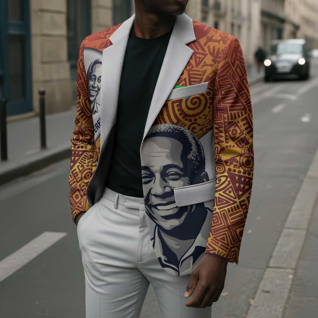Julius Nyerere Blazer with Smiling Portrait, Tribal Pattern and Simplicity is Power Quote - Wonder Print Shop