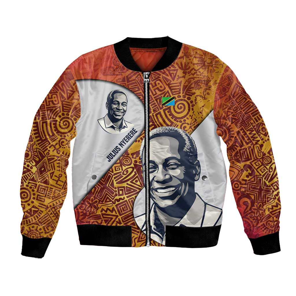 Julius Nyerere Bomber Jacket with Smiling Portrait, Tribal Pattern and Simplicity is Power Quote - Wonder Print Shop