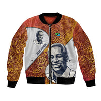 Julius Nyerere Bomber Jacket with Smiling Portrait, Tribal Pattern and Simplicity is Power Quote - Wonder Print Shop