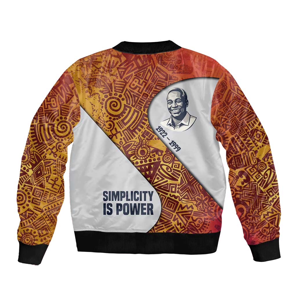 Julius Nyerere Bomber Jacket with Smiling Portrait, Tribal Pattern and Simplicity is Power Quote - Wonder Print Shop