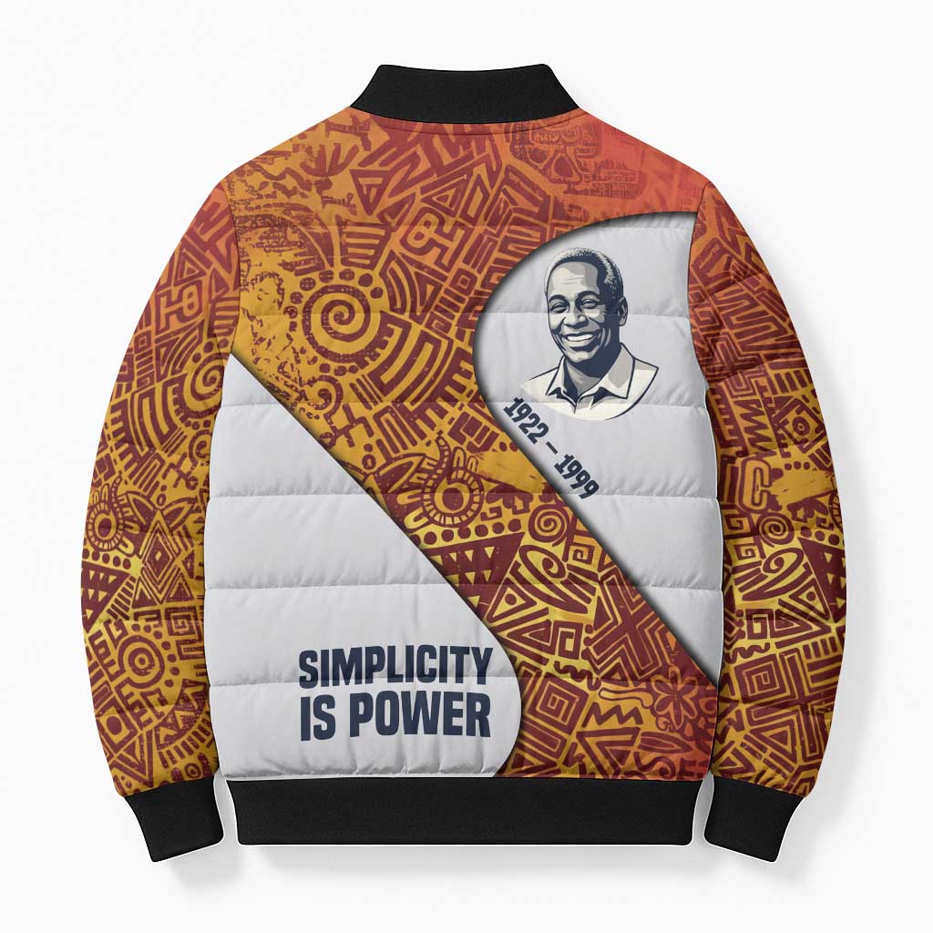 Julius Nyerere Bomber Puffer Jacket with Smiling Portrait, Tribal Pattern and Simplicity is Power Quote - Wonder Print Shop