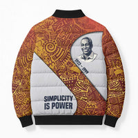 Julius Nyerere Bomber Puffer Jacket with Smiling Portrait, Tribal Pattern and Simplicity is Power Quote - Wonder Print Shop