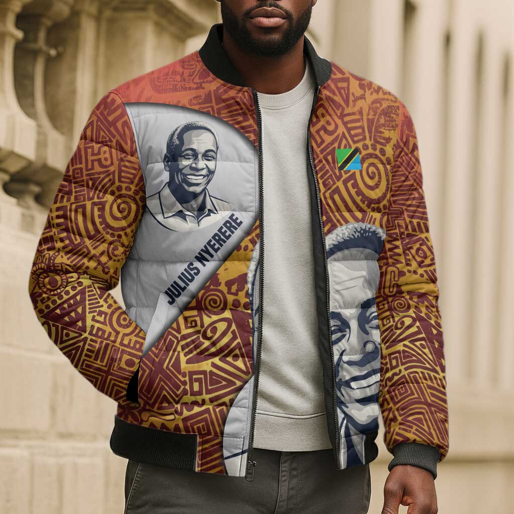 Julius Nyerere Bomber Puffer Jacket with Smiling Portrait, Tribal Pattern and Simplicity is Power Quote - Wonder Print Shop