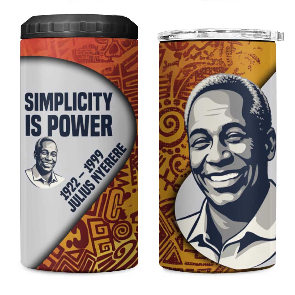 Julius Nyerere 4 in 1 Can Cooler Tumbler with Smiling Portrait, Tribal Pattern and Simplicity is Power Quote - Wonder Print Shop