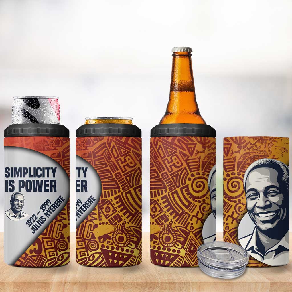 Julius Nyerere 4 in 1 Can Cooler Tumbler with Smiling Portrait, Tribal Pattern and Simplicity is Power Quote - Wonder Print Shop