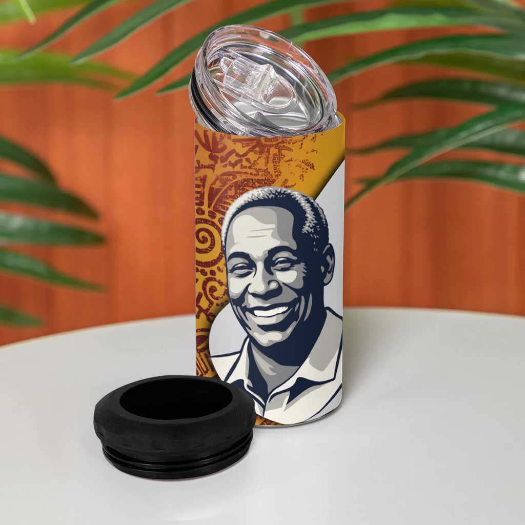 Julius Nyerere 4 in 1 Can Cooler Tumbler with Smiling Portrait, Tribal Pattern and Simplicity is Power Quote - Wonder Print Shop