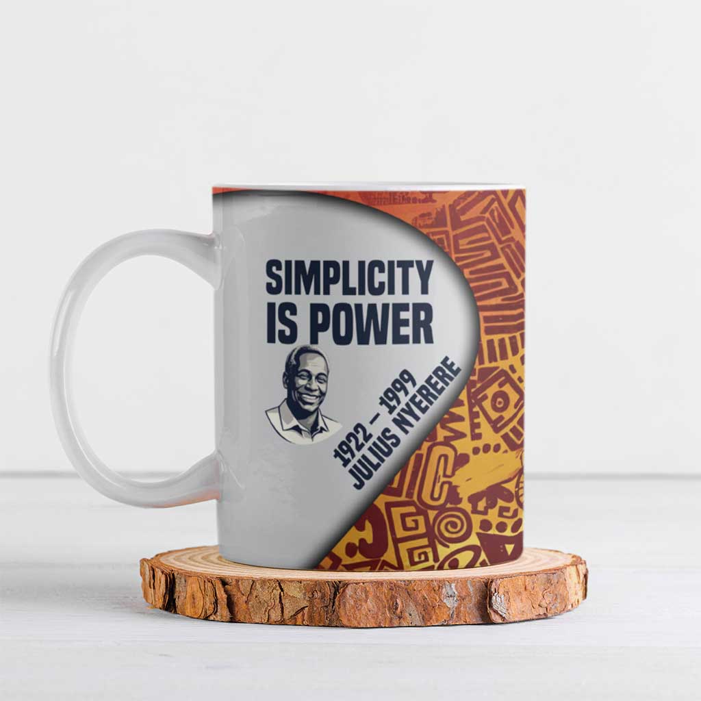 Julius Nyerere Ceramic Mug with Smiling Portrait, Tribal Pattern and Simplicity is Power Quote - Wonder Print Shop
