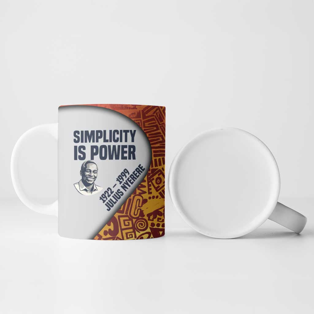 Julius Nyerere Ceramic Mug with Smiling Portrait, Tribal Pattern and Simplicity is Power Quote - Wonder Print Shop