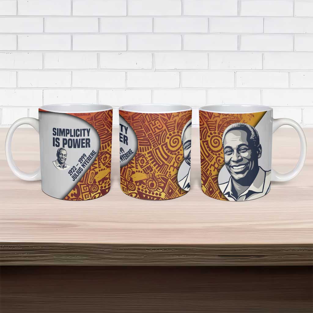 Julius Nyerere Ceramic Mug with Smiling Portrait, Tribal Pattern and Simplicity is Power Quote - Wonder Print Shop