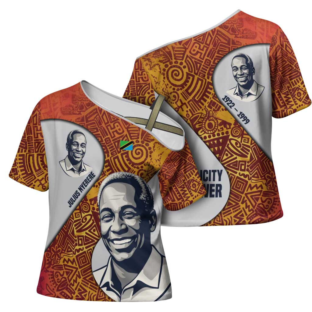 Julius Nyerere Cross Shoulder Shirt with Smiling Portrait, Tribal Pattern and Simplicity is Power Quote - Wonder Print Shop