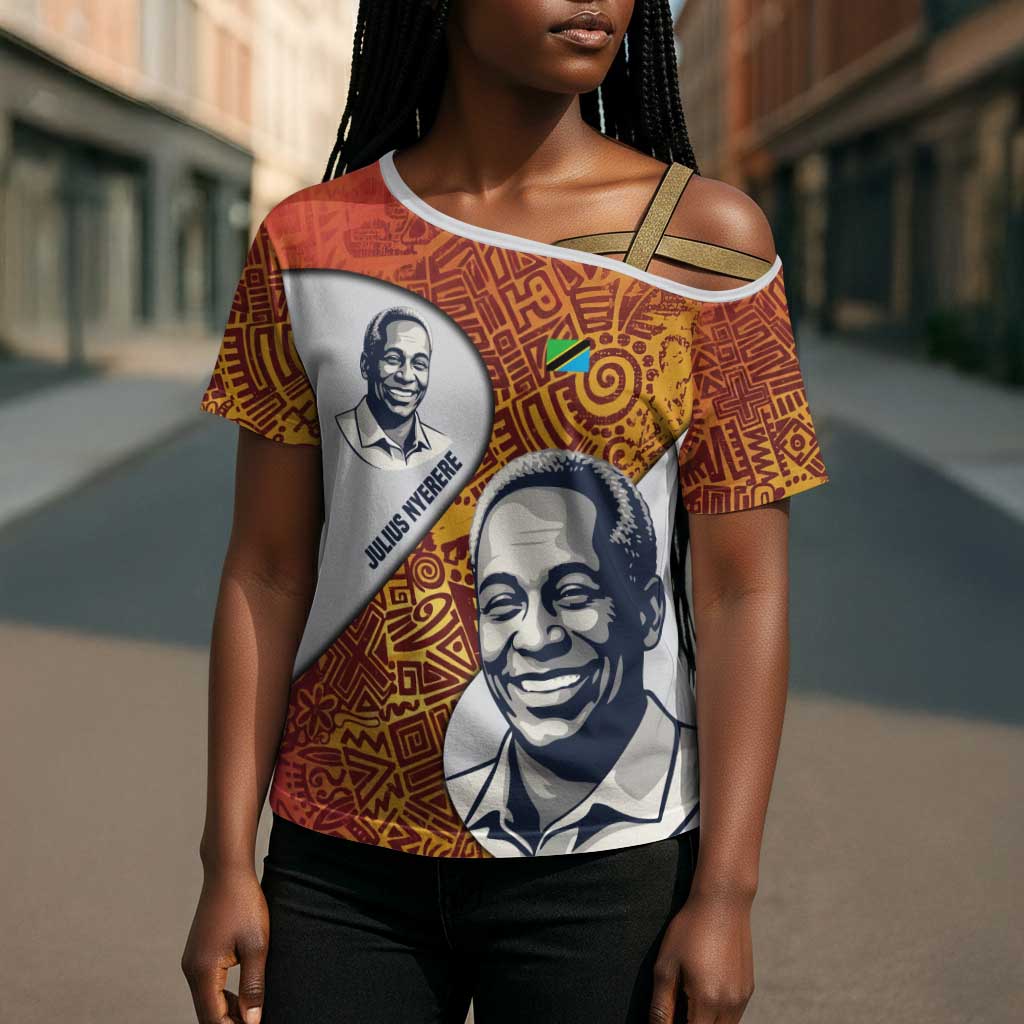 Julius Nyerere Cross Shoulder Shirt with Smiling Portrait, Tribal Pattern and Simplicity is Power Quote - Wonder Print Shop