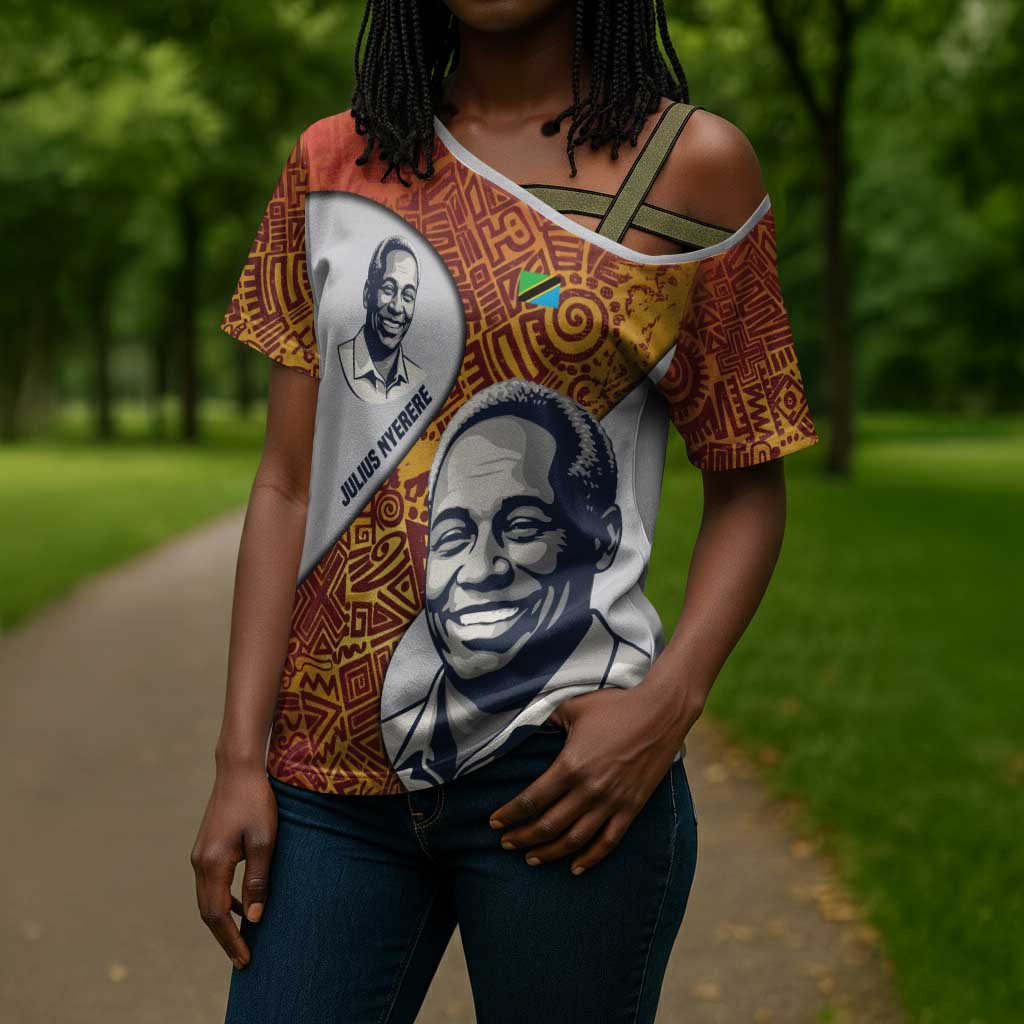 Julius Nyerere Cross Shoulder Shirt with Smiling Portrait, Tribal Pattern and Simplicity is Power Quote - Wonder Print Shop