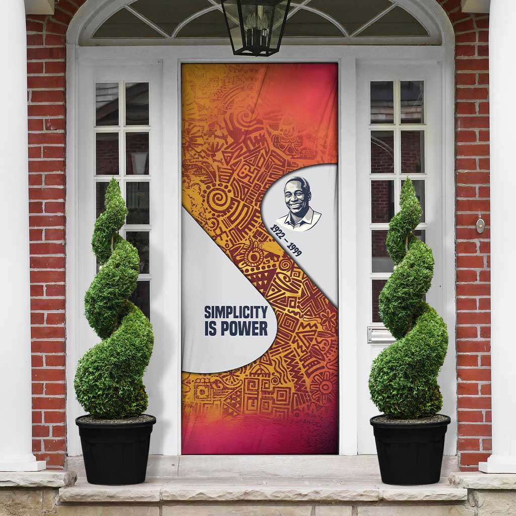Julius Nyerere Door Cover with Smiling Portrait, Tribal Pattern and Simplicity is Power Quote - Wonder Print Shop