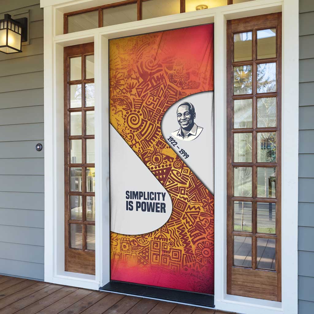Julius Nyerere Door Cover with Smiling Portrait, Tribal Pattern and Simplicity is Power Quote - Wonder Print Shop