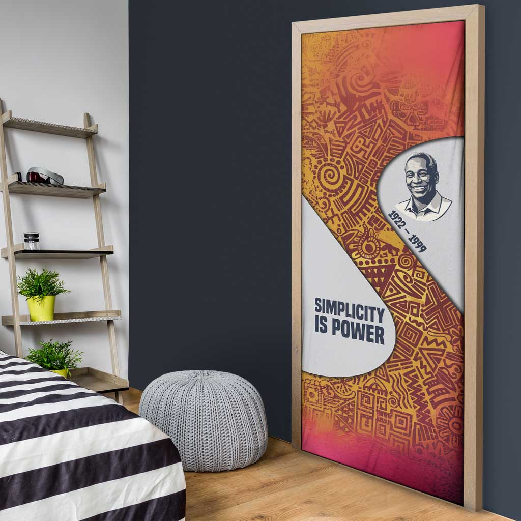 Julius Nyerere Door Cover with Smiling Portrait, Tribal Pattern and Simplicity is Power Quote - Wonder Print Shop