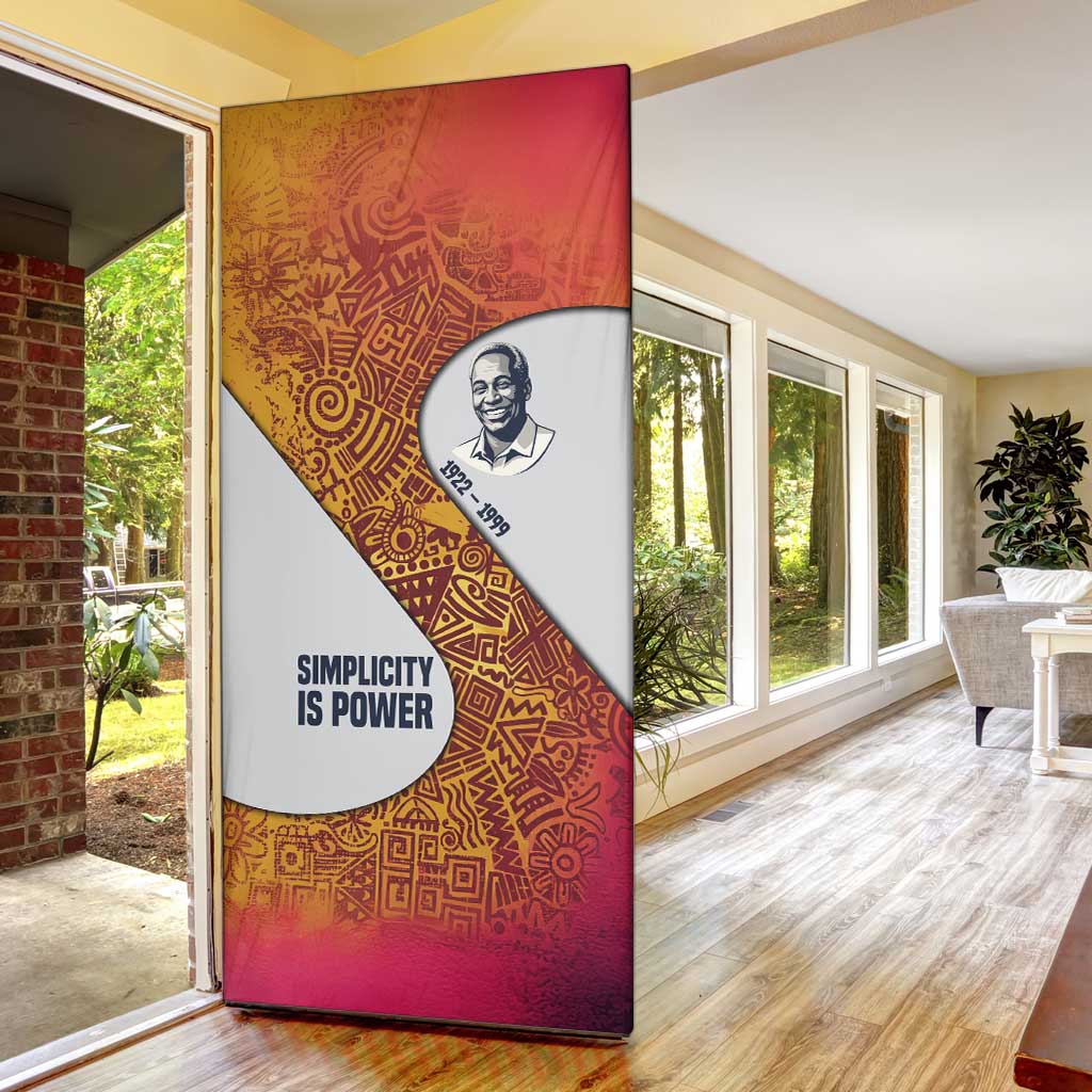 Julius Nyerere Door Cover with Smiling Portrait, Tribal Pattern and Simplicity is Power Quote - Wonder Print Shop