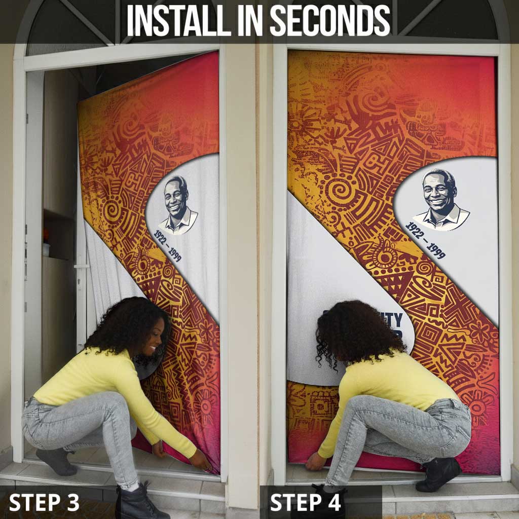 Julius Nyerere Door Cover with Smiling Portrait, Tribal Pattern and Simplicity is Power Quote - Wonder Print Shop