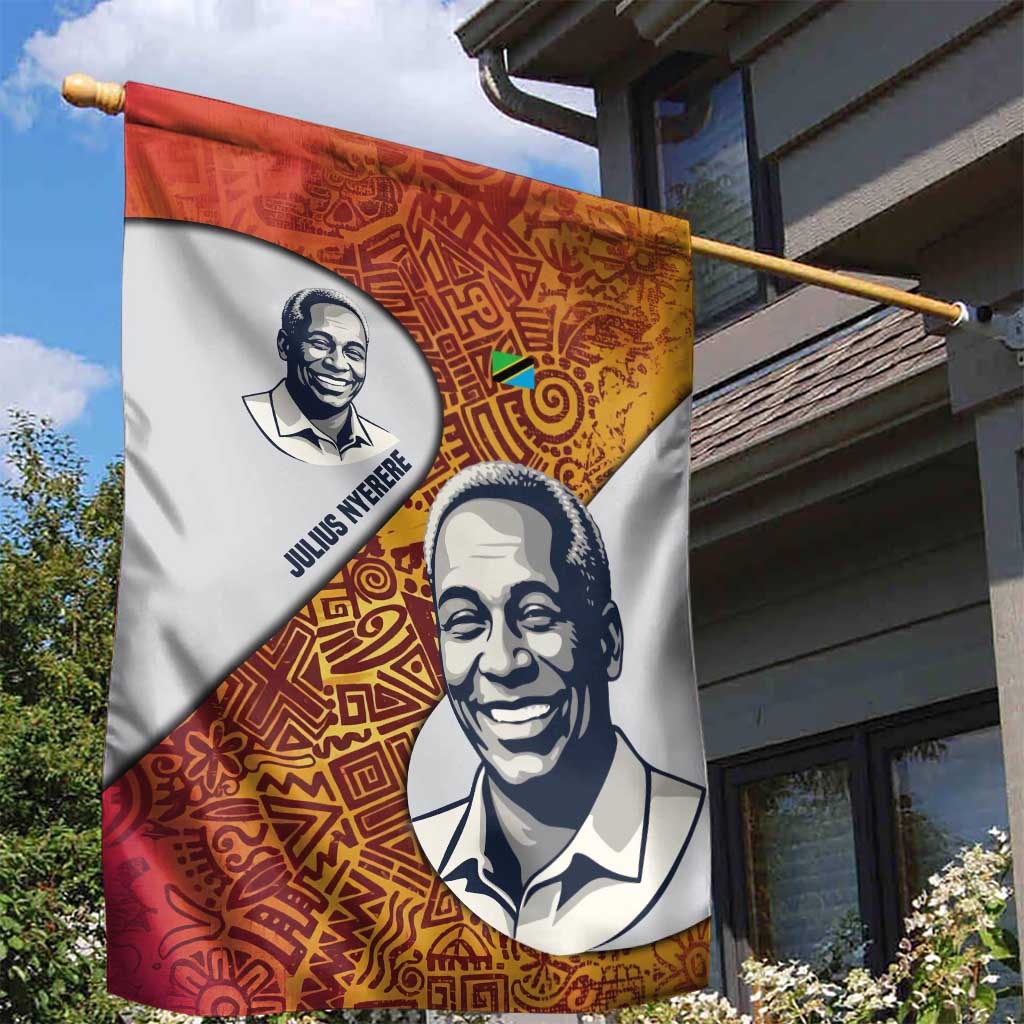 Julius Nyerere Garden Flag with Smiling Portrait, Tribal Pattern and Simplicity is Power Quote - Wonder Print Shop