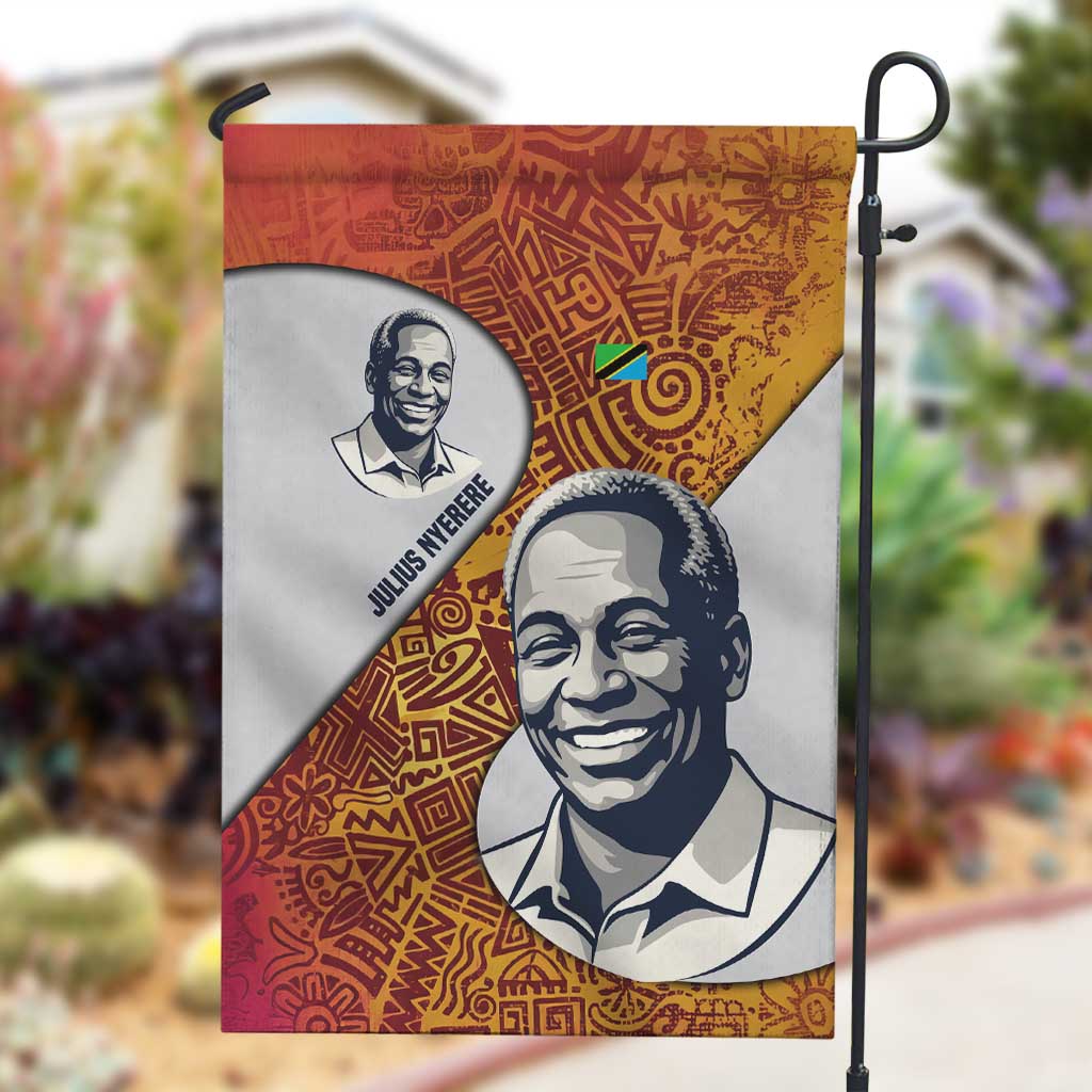 Julius Nyerere Garden Flag with Smiling Portrait, Tribal Pattern and Simplicity is Power Quote - Wonder Print Shop