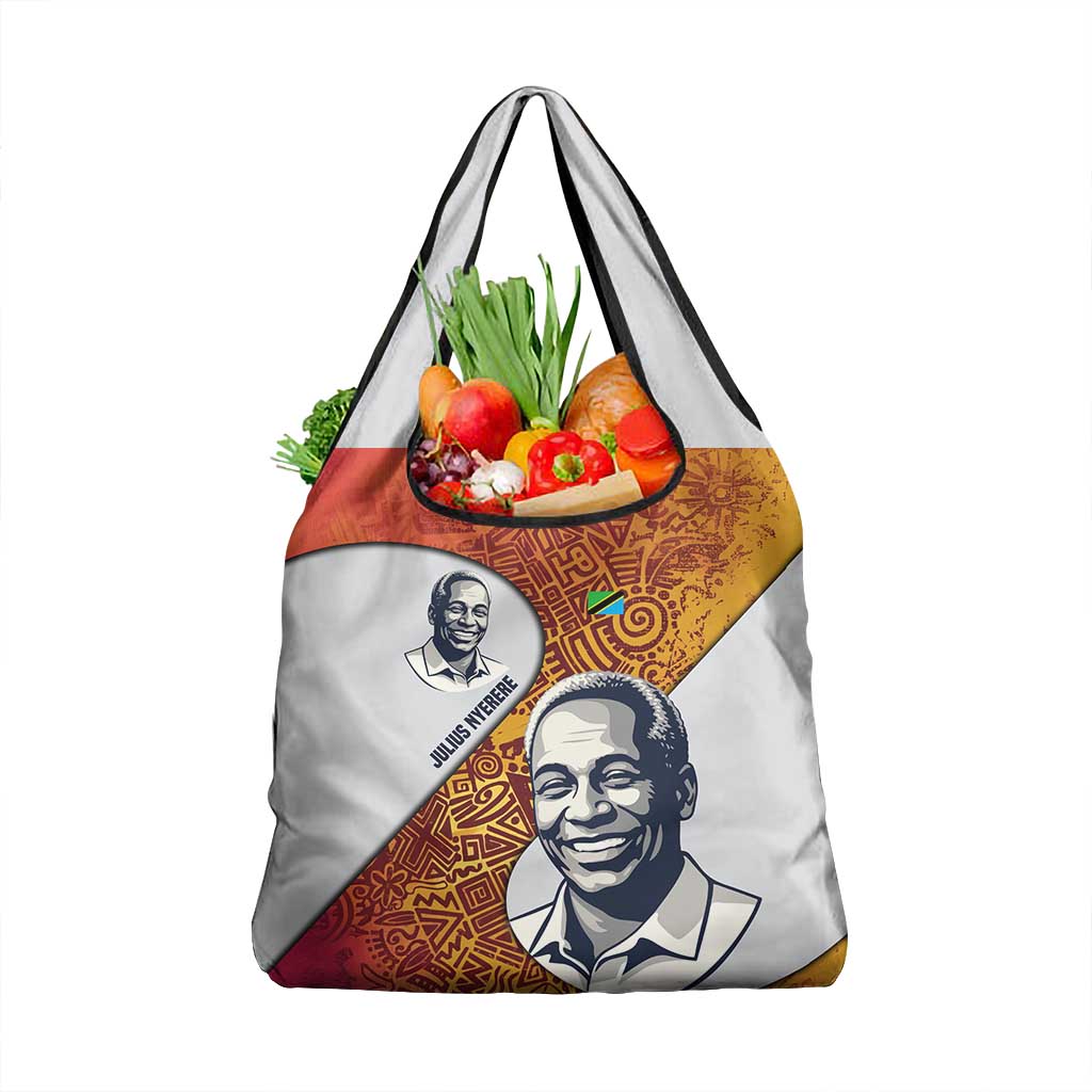 Julius Nyerere Grocery Bag with Smiling Portrait, Tribal Pattern and Simplicity is Power Quote - Wonder Print Shop