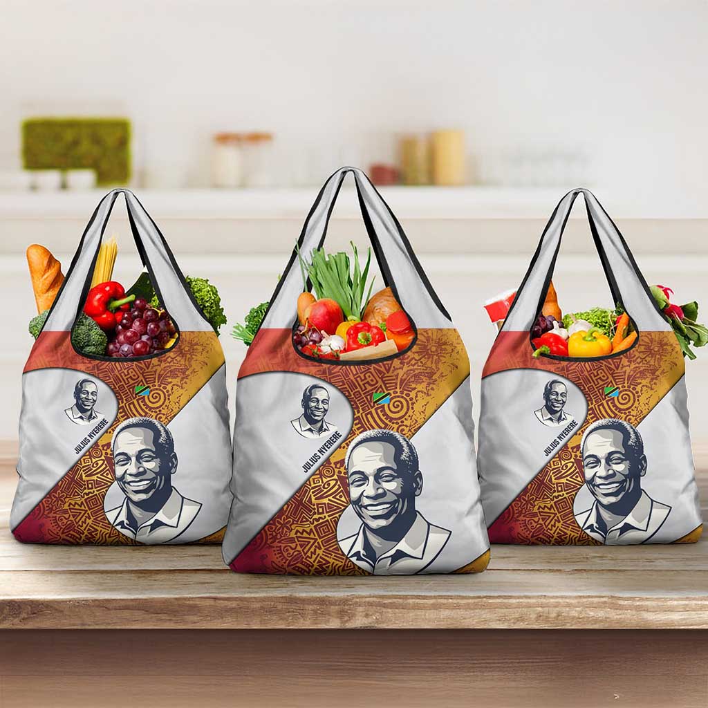 Julius Nyerere Grocery Bag with Smiling Portrait, Tribal Pattern and Simplicity is Power Quote - Wonder Print Shop