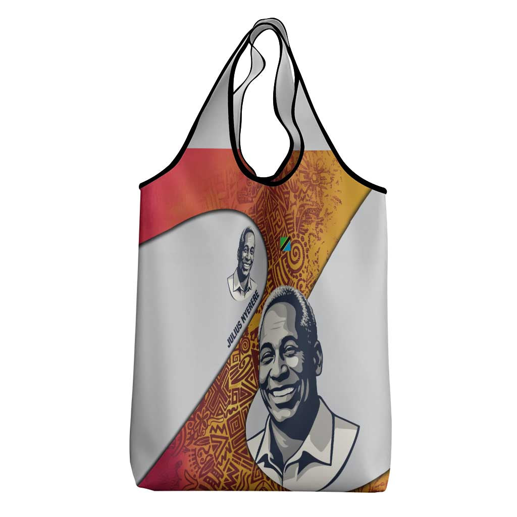 Julius Nyerere Grocery Bag with Smiling Portrait, Tribal Pattern and Simplicity is Power Quote - Wonder Print Shop