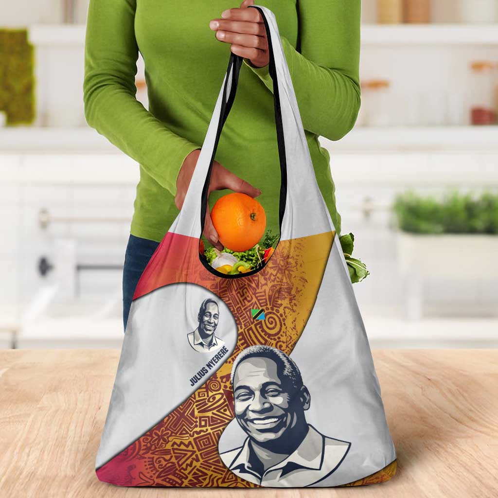 Julius Nyerere Grocery Bag with Smiling Portrait, Tribal Pattern and Simplicity is Power Quote - Wonder Print Shop