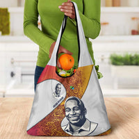Julius Nyerere Grocery Bag with Smiling Portrait, Tribal Pattern and Simplicity is Power Quote - Wonder Print Shop