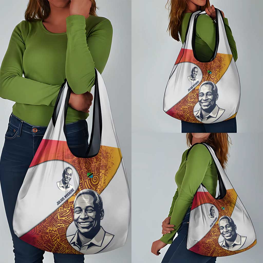 Julius Nyerere Grocery Bag with Smiling Portrait, Tribal Pattern and Simplicity is Power Quote - Wonder Print Shop