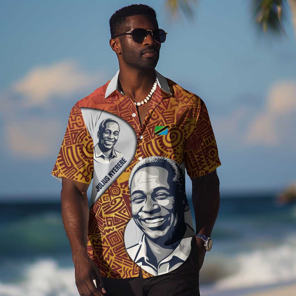 Julius Nyerere Hawaiian Shirt with Smiling Portrait, Tribal Pattern and Simplicity is Power Quote - Wonder Print Shop