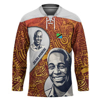 Julius Nyerere Hockey Jersey with Smiling Portrait, Tribal Pattern and Simplicity is Power Quote - Wonder Print Shop