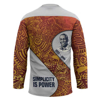 Julius Nyerere Hockey Jersey with Smiling Portrait, Tribal Pattern and Simplicity is Power Quote - Wonder Print Shop