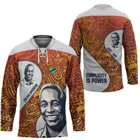Julius Nyerere Hockey Jersey with Smiling Portrait, Tribal Pattern and Simplicity is Power Quote - Wonder Print Shop