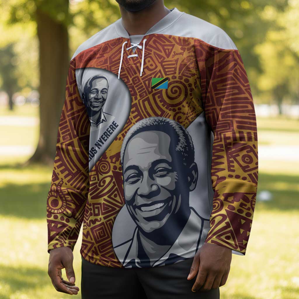 Julius Nyerere Hockey Jersey with Smiling Portrait, Tribal Pattern and Simplicity is Power Quote - Wonder Print Shop
