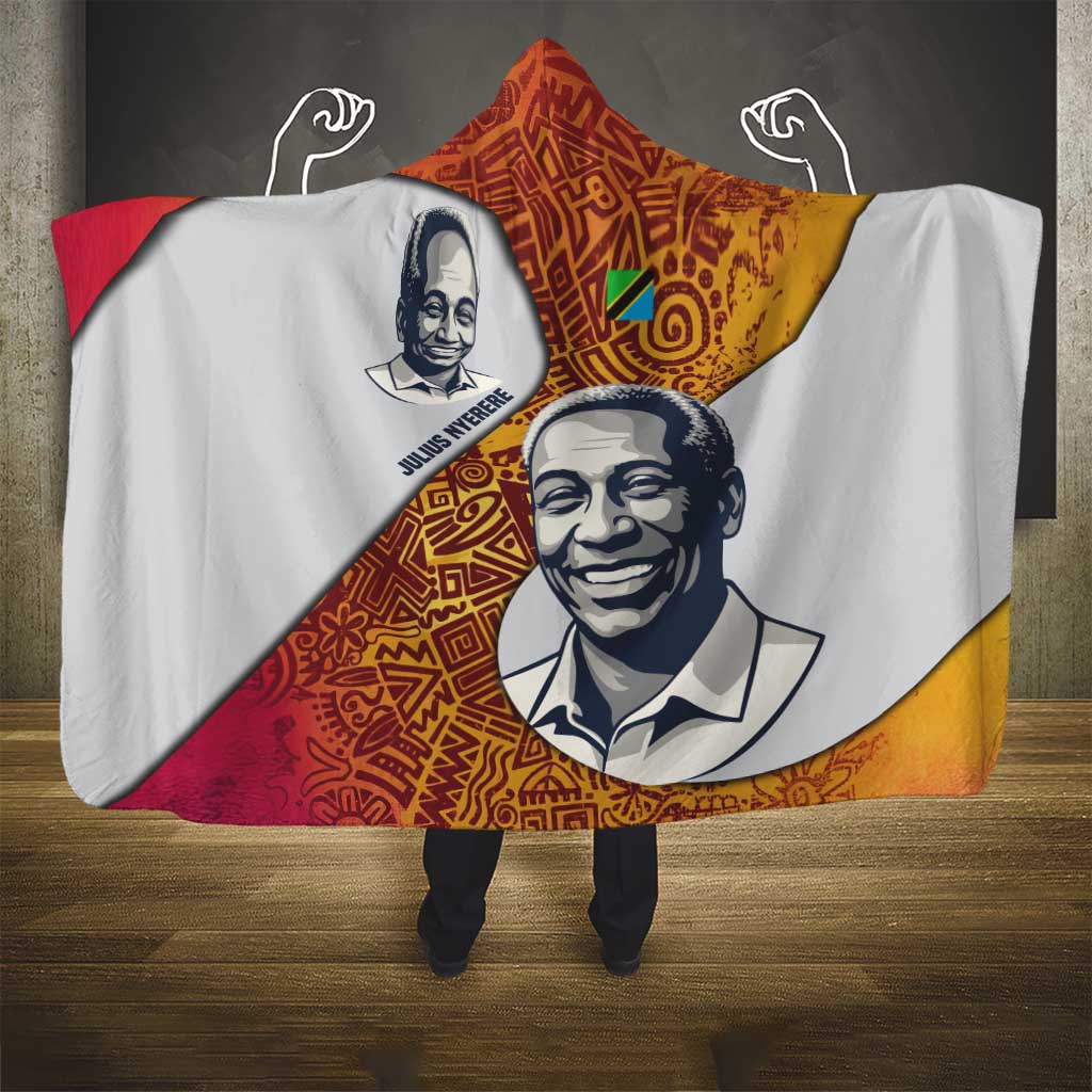 Julius Nyerere Hooded Blanket with Smiling Portrait, Tribal Pattern and Simplicity is Power Quote - Wonder Print Shop