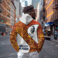 Julius Nyerere Hoodie with Smiling Portrait, Tribal Pattern and Simplicity is Power Quote - Wonder Print Shop