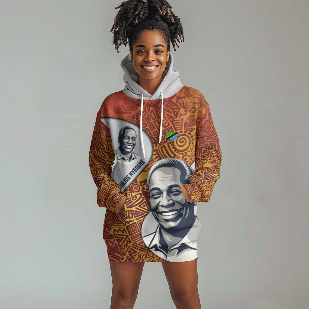 Julius Nyerere Hoodie Dress with Smiling Portrait, Tribal Pattern and Simplicity is Power Quote - Wonder Print Shop