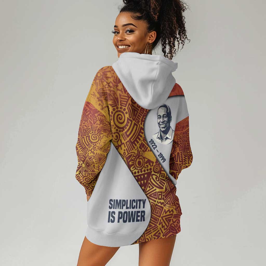 Julius Nyerere Hoodie Dress with Smiling Portrait, Tribal Pattern and Simplicity is Power Quote - Wonder Print Shop