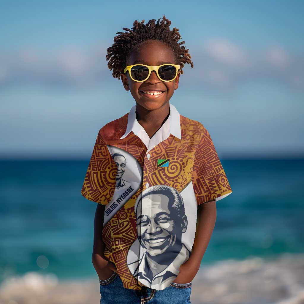 Julius Nyerere Kid Hawaiian Shirt with Smiling Portrait, Tribal Pattern and Simplicity is Power Quote - Wonder Print Shop