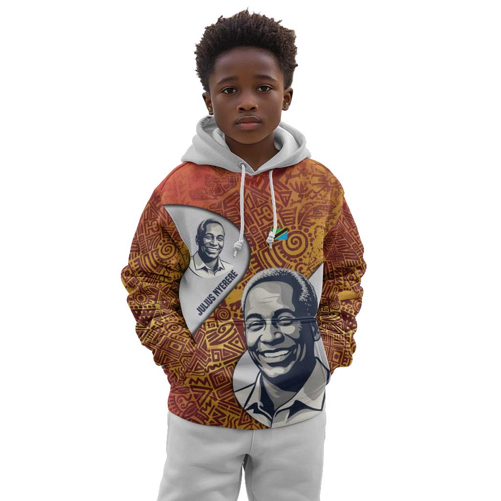 Julius Nyerere Kid Hoodie with Smiling Portrait, Tribal Pattern and Simplicity is Power Quote - Wonder Print Shop