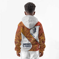 Julius Nyerere Kid Hoodie with Smiling Portrait, Tribal Pattern and Simplicity is Power Quote - Wonder Print Shop