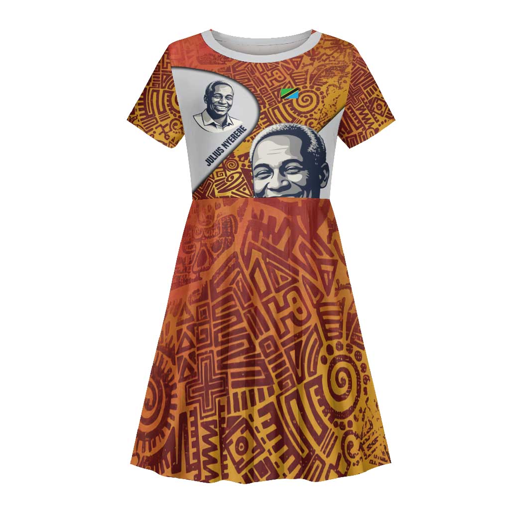 Julius Nyerere Kid Short Sleeve Dress with Smiling Portrait, Tribal Pattern and Simplicity is Power Quote - Wonder Print Shop