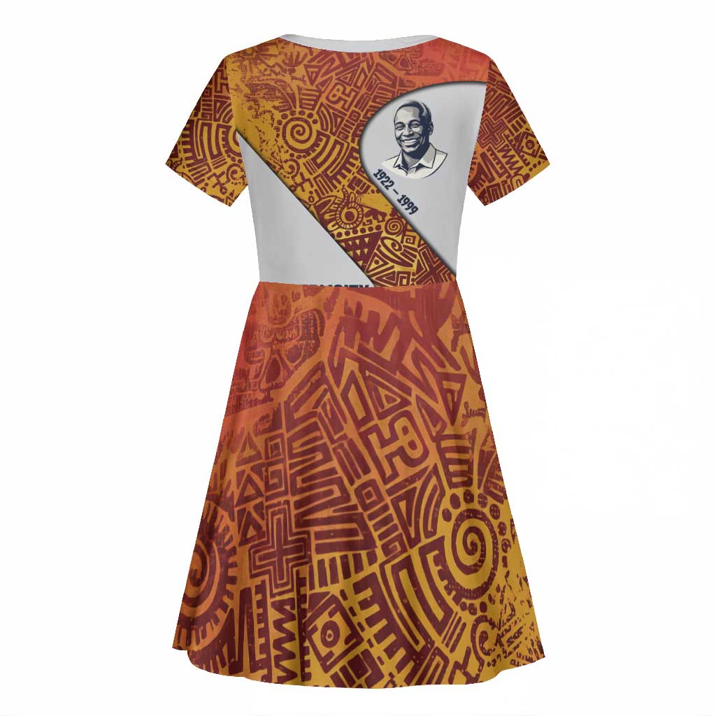 Julius Nyerere Kid Short Sleeve Dress with Smiling Portrait, Tribal Pattern and Simplicity is Power Quote - Wonder Print Shop