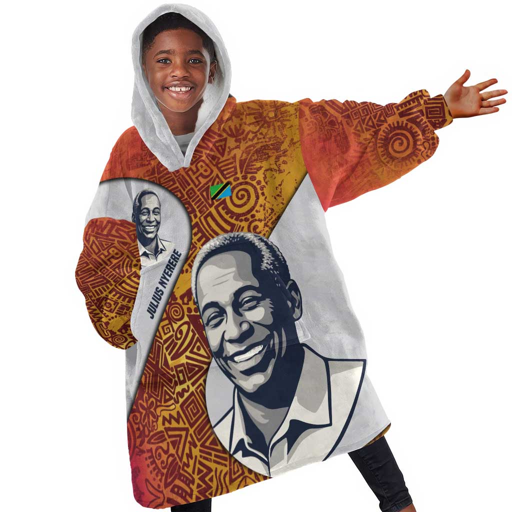 Julius Nyerere Kid Wearable Blanket Hoodie with Smiling Portrait, Tribal Pattern and Simplicity is Power Quote - Wonder Print Shop