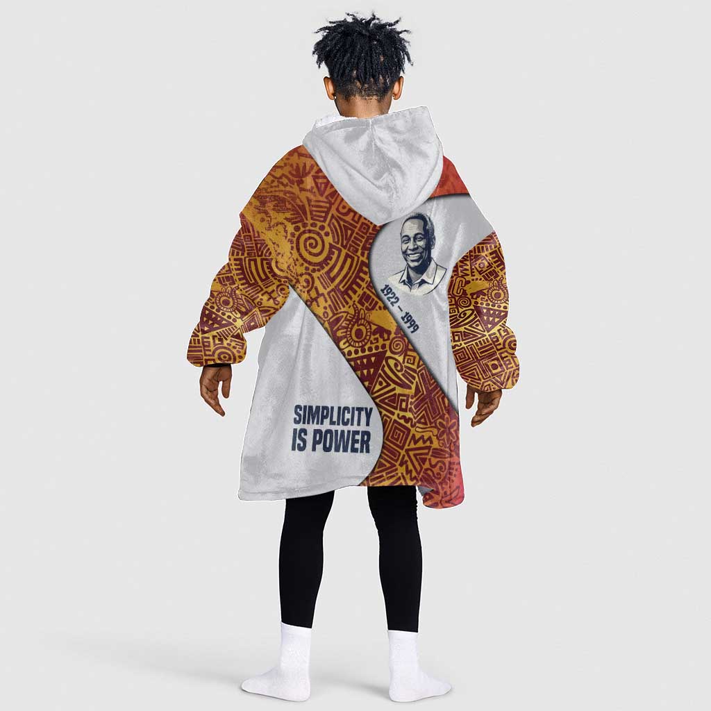 Julius Nyerere Kid Wearable Blanket Hoodie with Smiling Portrait, Tribal Pattern and Simplicity is Power Quote - Wonder Print Shop