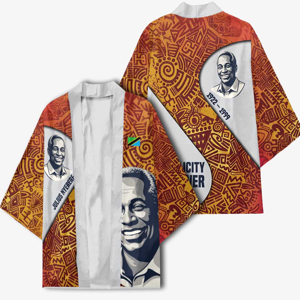 Julius Nyerere Kimono with Smiling Portrait, Tribal Pattern and Simplicity is Power Quote - Wonder Print Shop