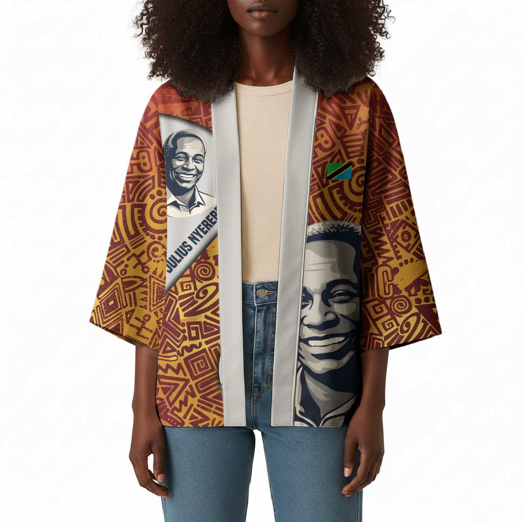 Julius Nyerere Kimono with Smiling Portrait, Tribal Pattern and Simplicity is Power Quote - Wonder Print Shop